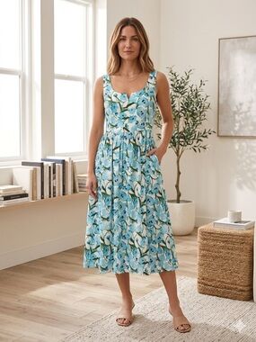 Karl Lagerfeld Blue Floral Scoop-Neck Midi Dress